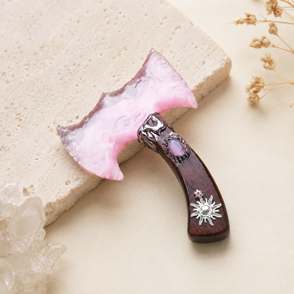 Pink Cat Eye Stone Double Crescent Axe, Sun and Moon Wooden Handle, Fantasy Crystal Display Decor and Mystical Collector Gif
