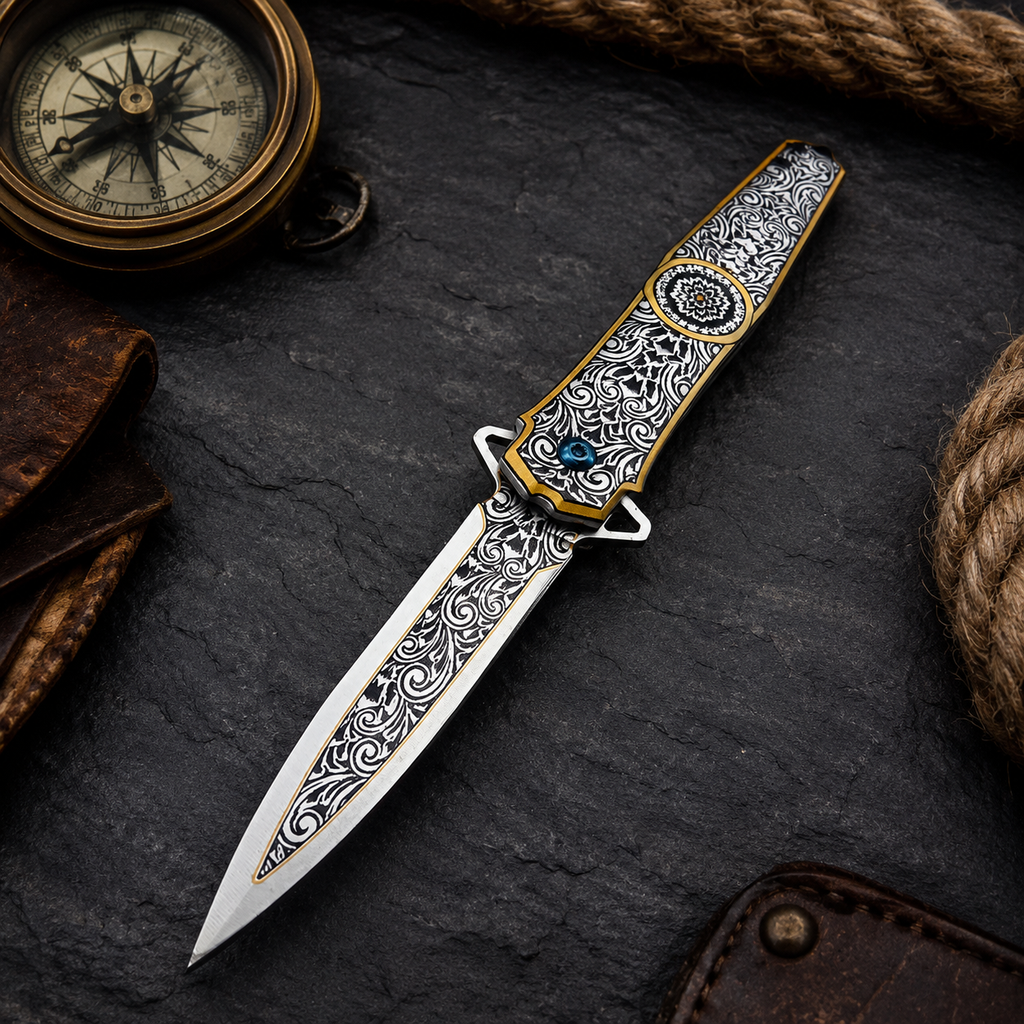 Ornate Black & Gold Engraved Folding Knife with Mandala Design – Decorative Collector Pocket Knife