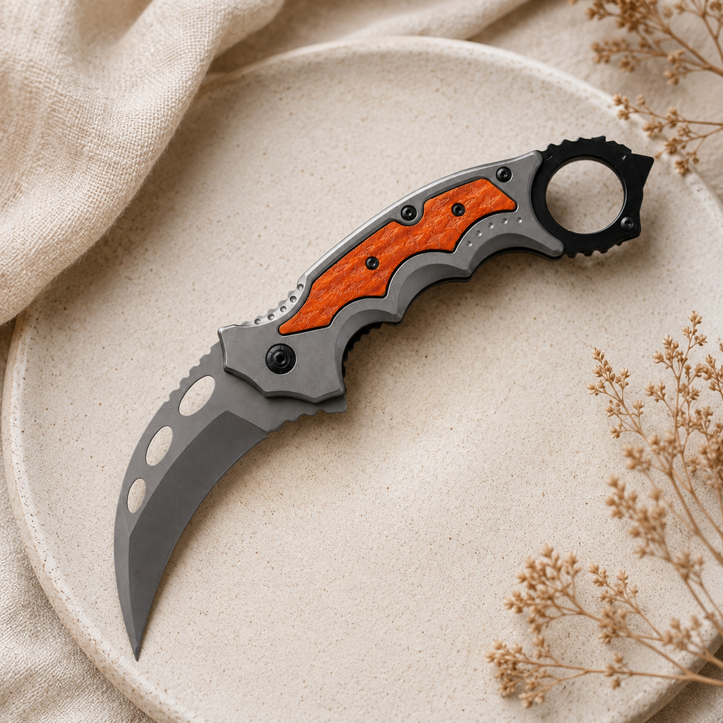 Orange Inlay Karambit-Style Folding Pocket Knife with Finger Ring & Gray Curved Blade – Outdoor Collector Gift