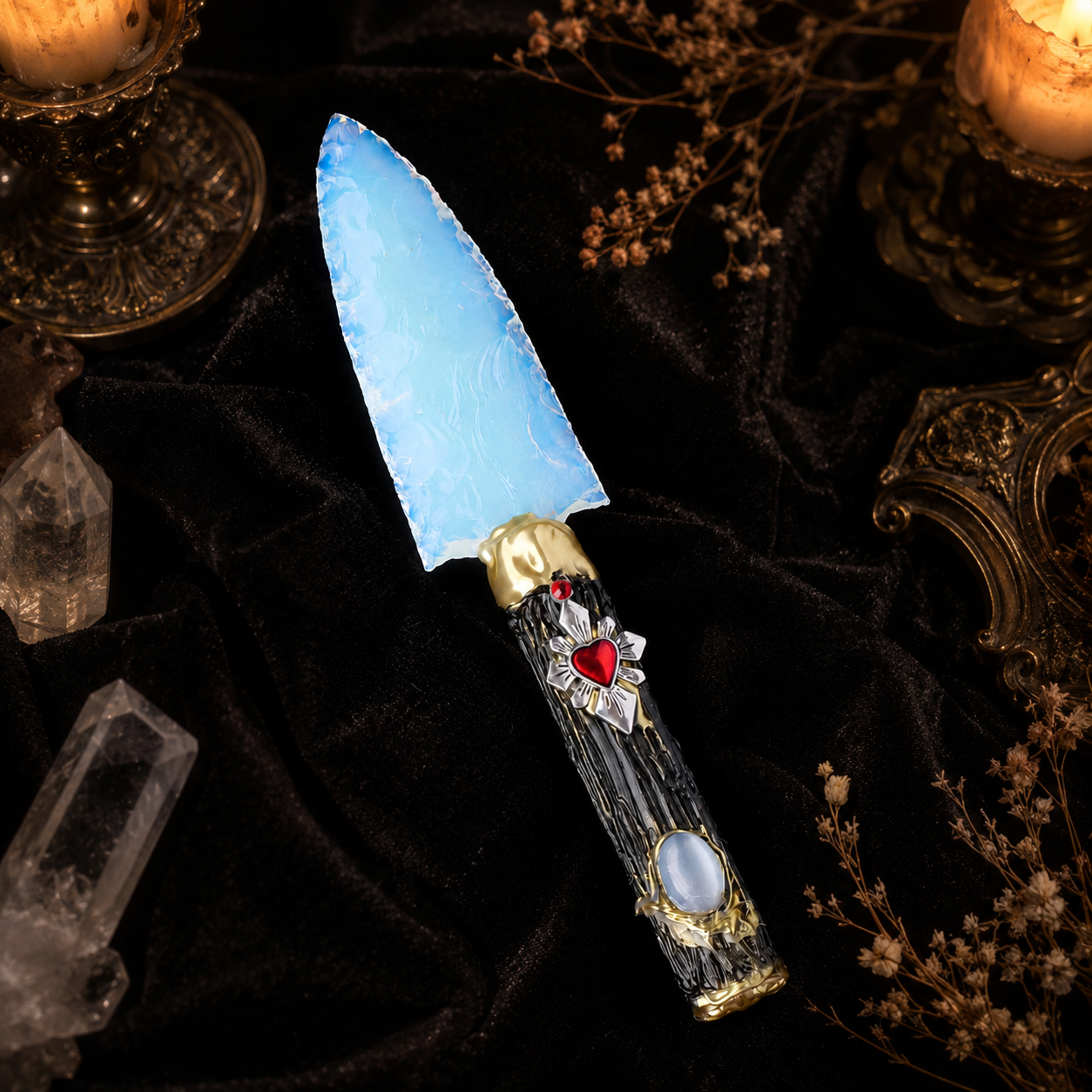 White Opalite Fantasy Dagger with Sacred Heart Handle, Iridescent Crystal Display Ornament, Gothic Altar Decor and Collector Gift