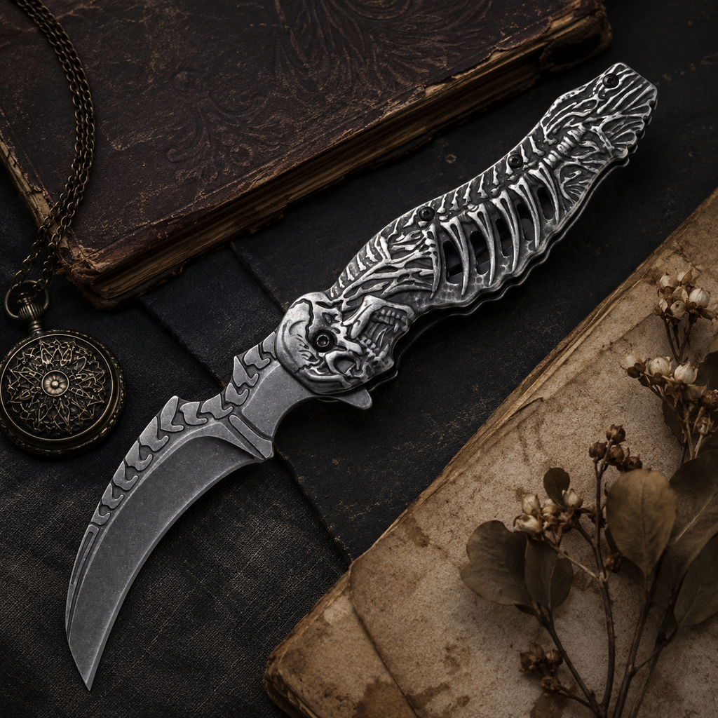 Gothic Skeleton Folding Pocket Knife with Curved Gray Blade – Skull Rib Cage Collector Gift