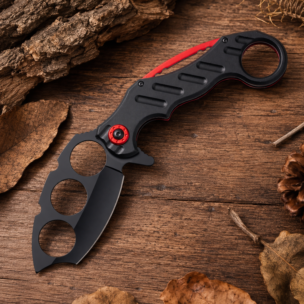 Black & Red Skeletonized Folding Pocket Knife with Triple Blade Cutouts and Finger Ring – Tactical Collector Gift