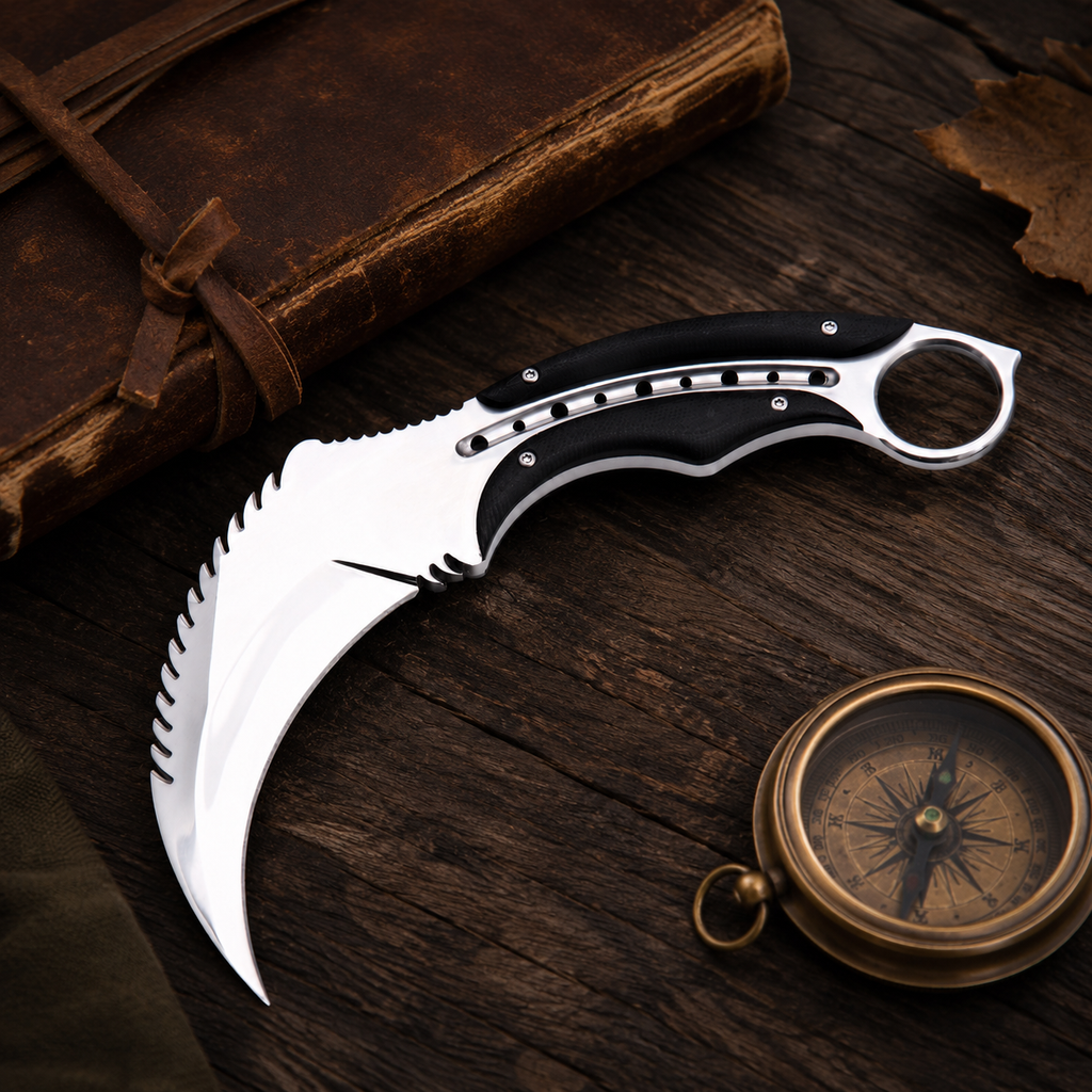 Silver Karambit-Style Fixed Blade Knife with Black Textured Handle & Finger Ring – Collector Display Gift