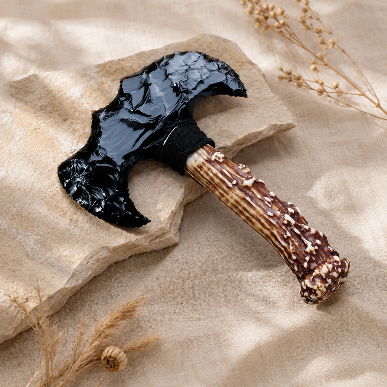 Black Obsidian Double Crescent Axe, Antler-Style Handle Crystal Display Ornament, Rustic Gothic Altar Decor and Collector Gift