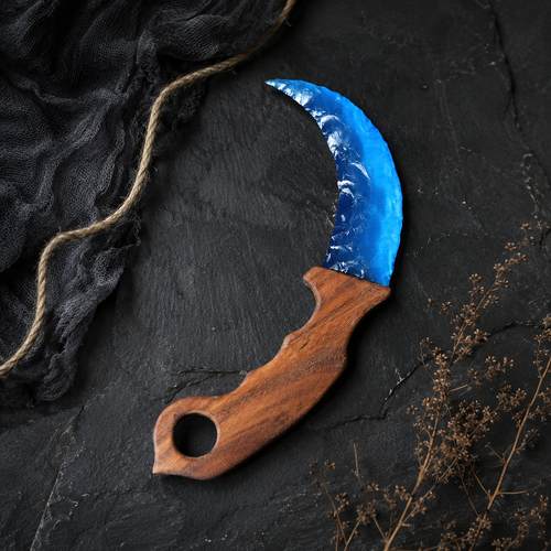 Blue Crescent Crystal Dagger with Wooden Handle, Moon-Shaped Fantasy Display Ornament, Gothic Altar Decor and Collector Gift
