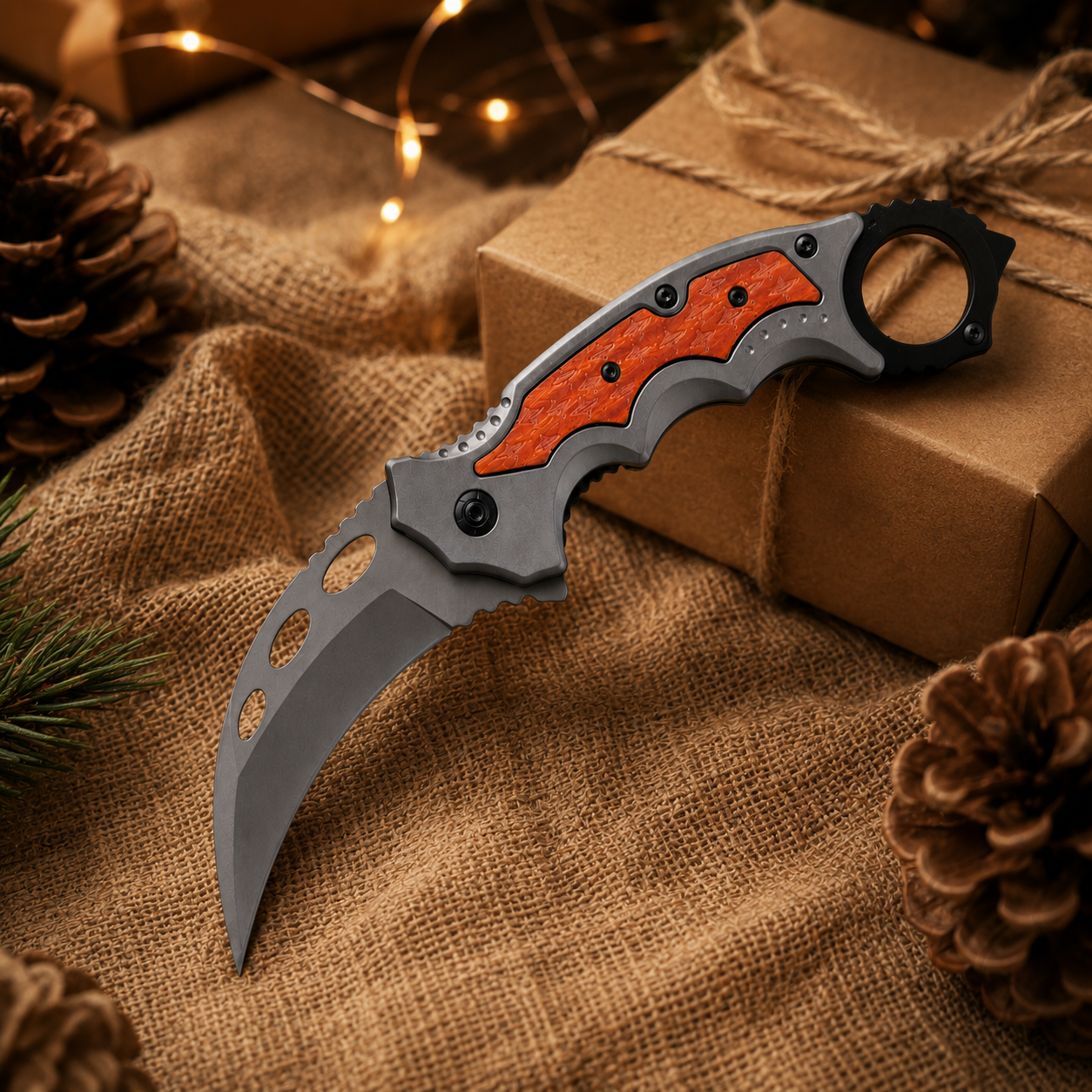 Orange Inlay Karambit-Style Folding Pocket Knife with Finger Ring & Gray Curved Blade – Outdoor Collector Gift