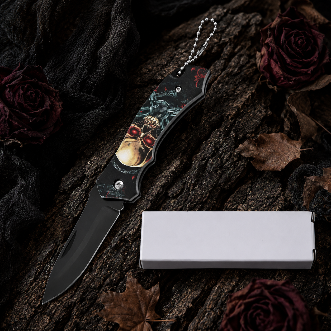 Steampunk Skull Graphic Folding Pocket Knife with Black Blade & Keychain – Gothic Collector Gift