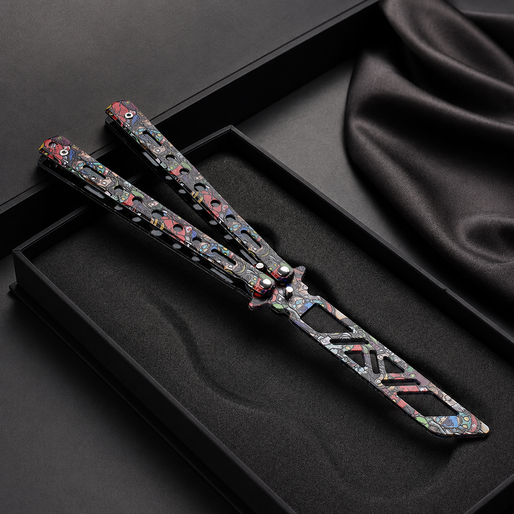 Colorful Graffiti Balisong Style Collectible, Butterfly Folding Display Piece, Cutout Metal Design with Street Art Pattern