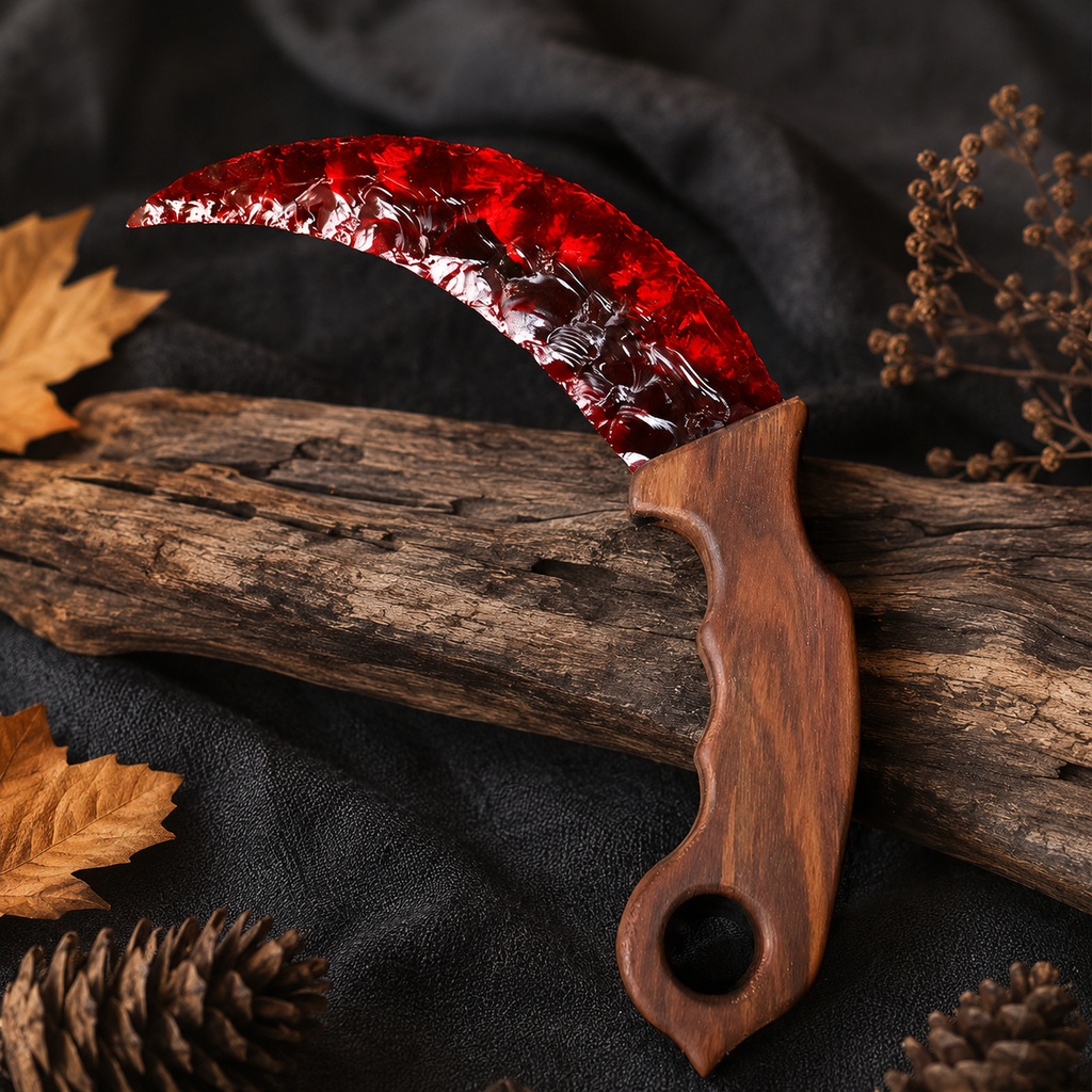 Ruby Red Crescent Crystal Dagger with Wooden Handle, Moon-Shaped Fantasy Display Ornament, Gothic Altar Decor and Collector Gift