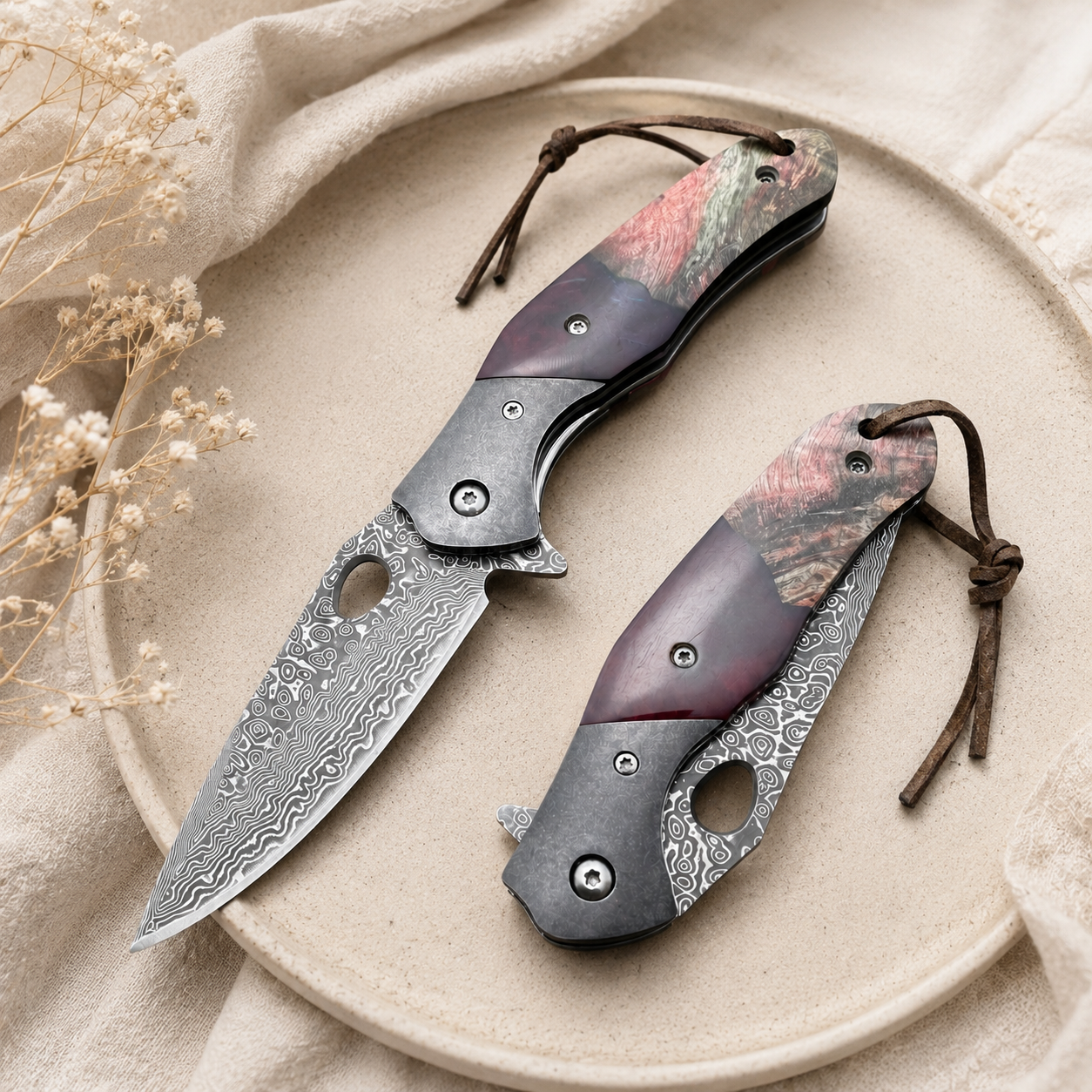 Natural Cow Bone Handle Damascus-Pattern Folding Pocket Knife with Leather Lanyard – Rustic Collector Gift