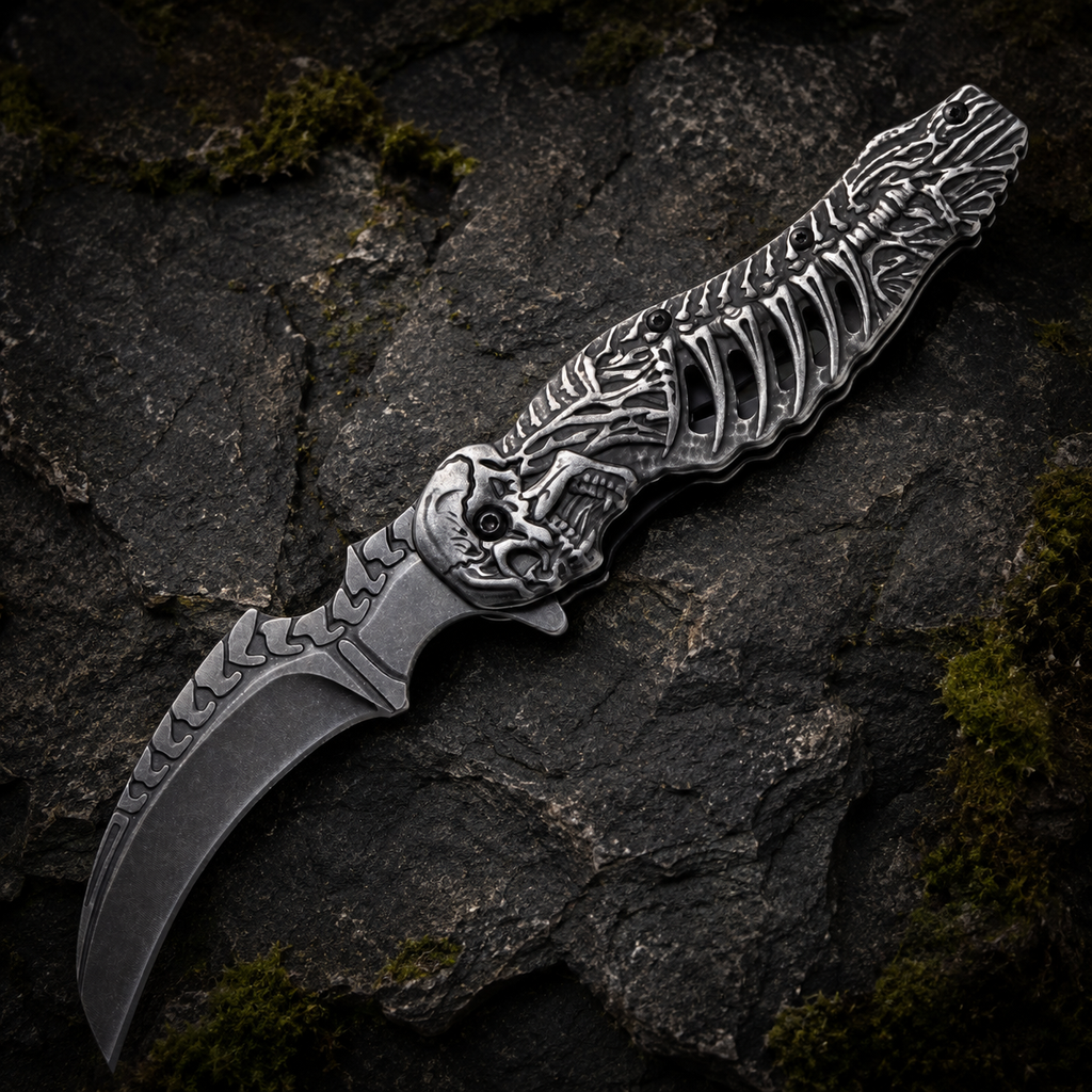 Gothic Skeleton Folding Pocket Knife with Curved Gray Blade – Skull Rib Cage Collector Gift