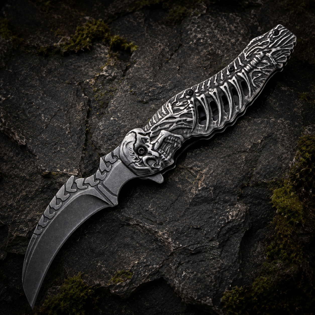 Gothic Skeleton Folding Pocket Knife with Curved Gray Blade – Skull Rib Cage Collector Gift