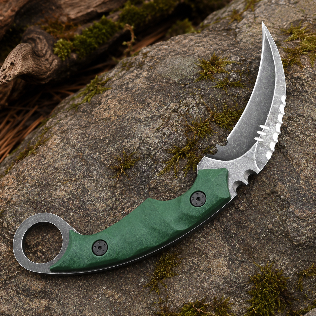 Green Handle Karambit-Style Fixed Blade Knife with Curved Silver Blade & Finger Ring – Outdoor Collector Gift