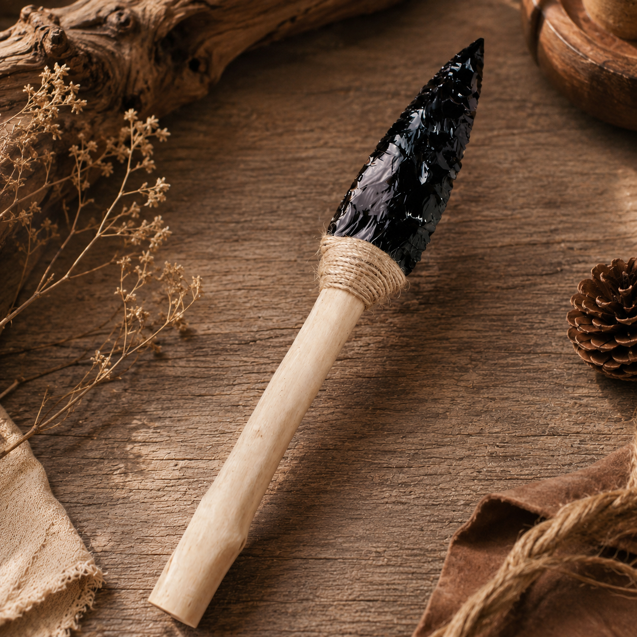 Large Black Obsidian Arrowhead Carving with Twine-Wrapped Wooden Handle, Rustic Crystal Display Ornament and Unique Collector Gift