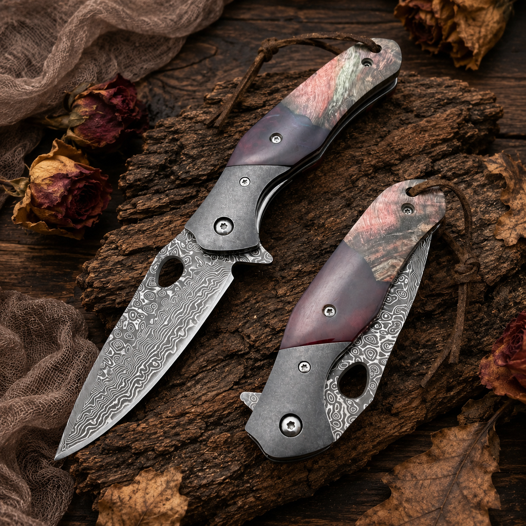 Natural Cow Bone Handle Damascus-Pattern Folding Pocket Knife with Leather Lanyard – Rustic Collector Gift