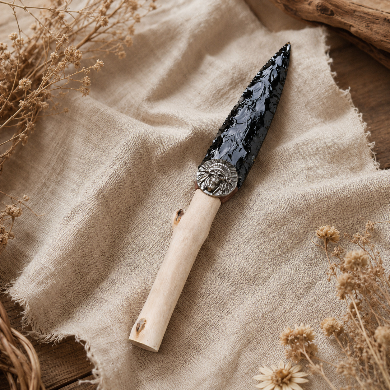 Large Black Obsidian Arrowhead Display with Wooden Handle, Antique Silver Alloy Medallion, Rustic Crystal Decor and Collector Gift