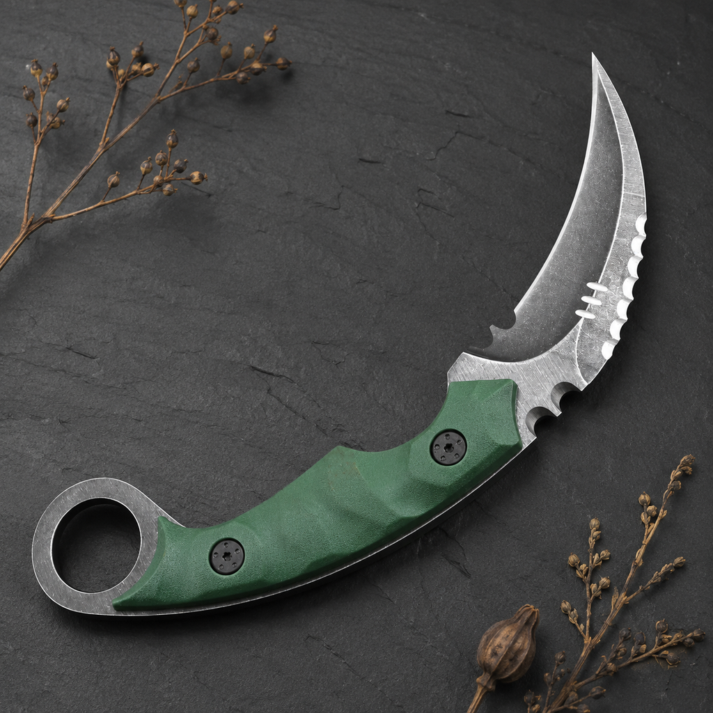 Green Handle Karambit-Style Fixed Blade Knife with Curved Silver Blade & Finger Ring – Outdoor Collector Gift