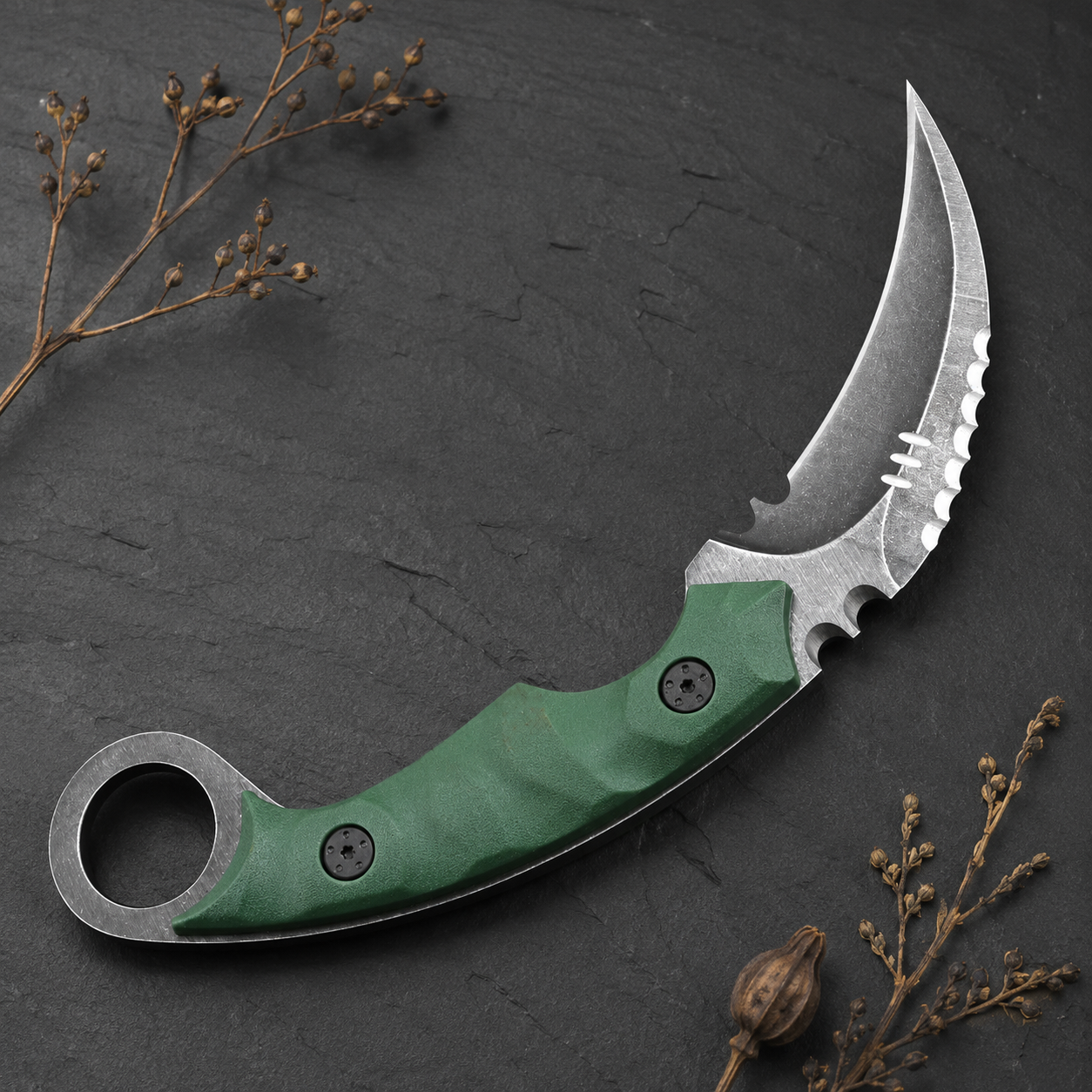 Green Handle Karambit-Style Fixed Blade Knife with Curved Silver Blade & Finger Ring – Outdoor Collector Gift