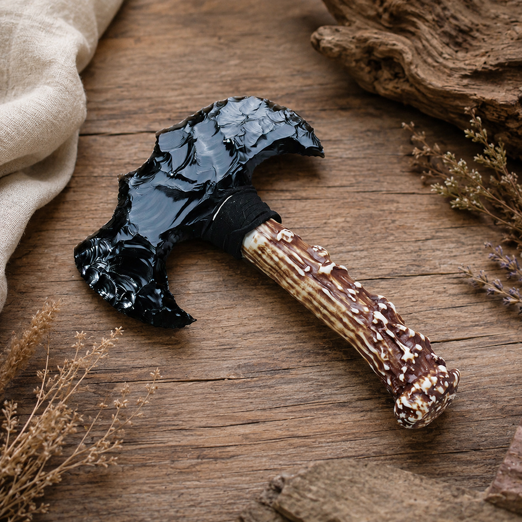 Black Obsidian Double Crescent Axe, Antler-Style Handle Crystal Display Ornament, Rustic Gothic Altar Decor and Collector Gift