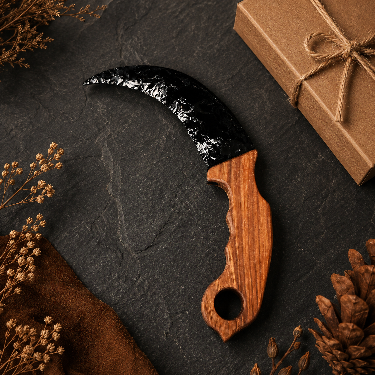 Black Obsidian Crescent Dagger with Wooden Handle, Moon-Shaped Crystal Display Ornament, Gothic Altar Decor and Collector Gift