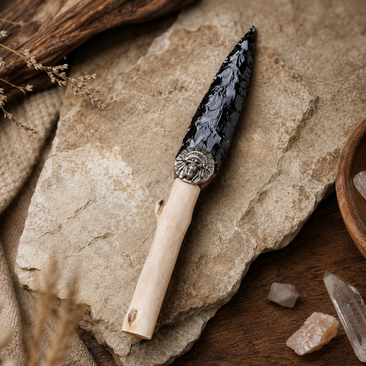 Large Black Obsidian Arrowhead Display with Wooden Handle, Antique Silver Alloy Medallion, Rustic Crystal Decor and Collector Gift