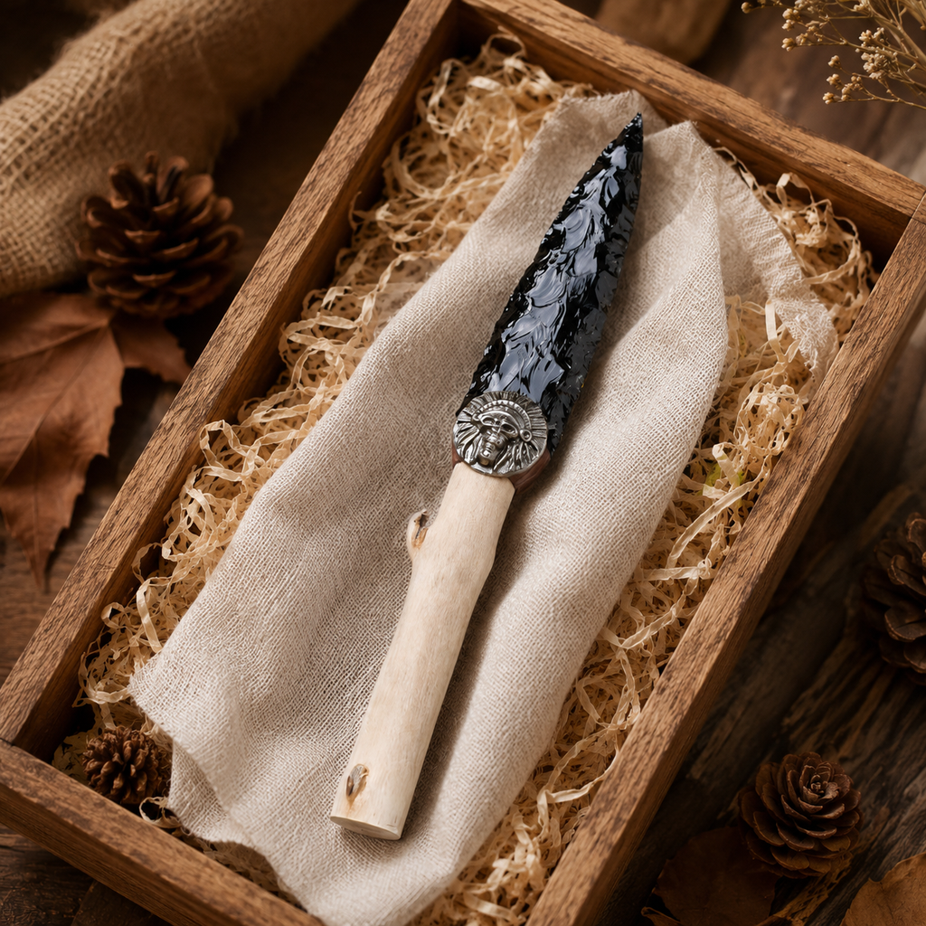 Large Black Obsidian Arrowhead Display with Wooden Handle, Antique Silver Alloy Medallion, Rustic Crystal Decor and Collector Gift