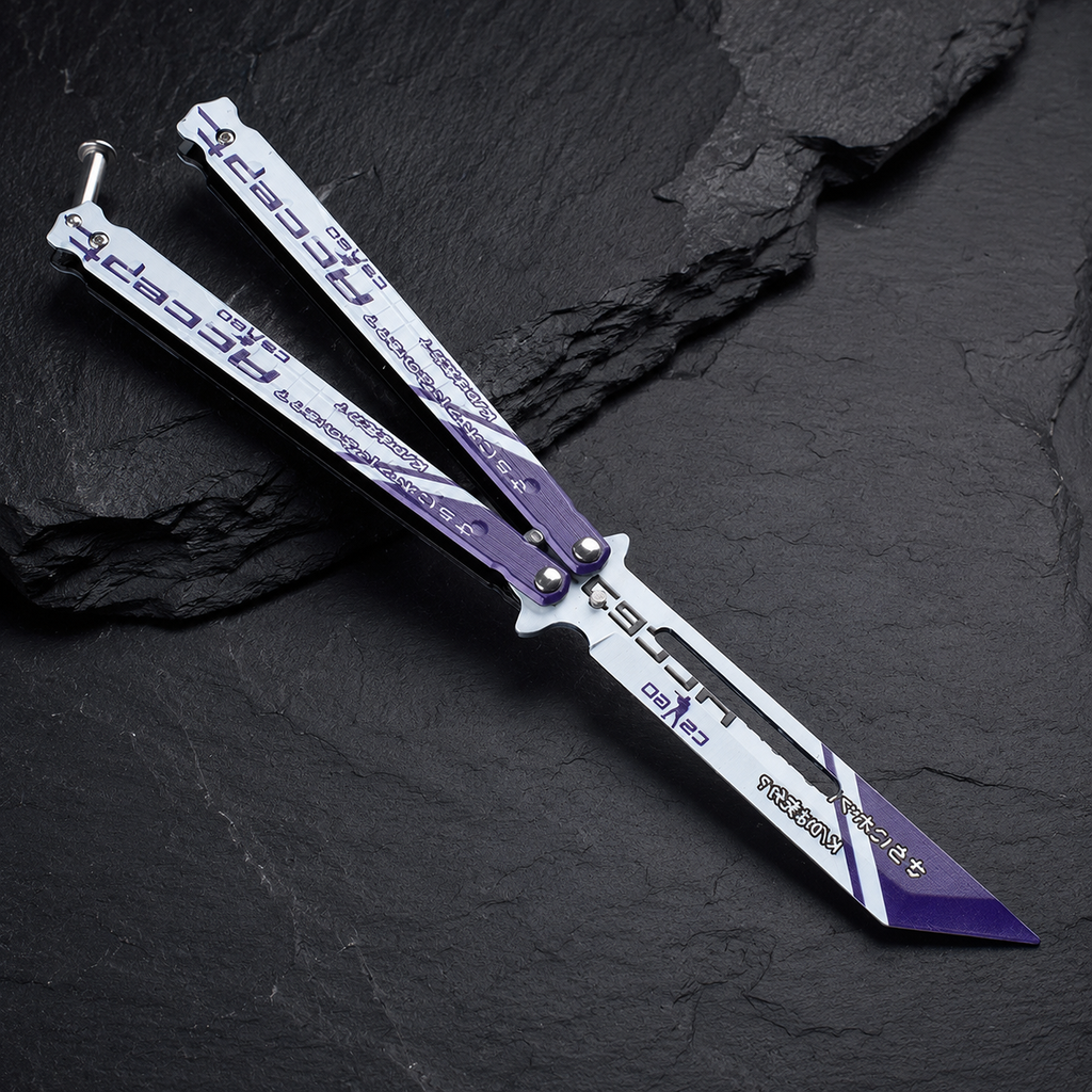 White Purple Cyber Balisong Style Collectible, Futuristic Butterfly Design, Metal Display Piece with Tech Graphic Pattern