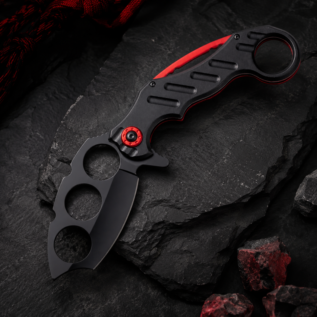 Black & Red Skeletonized Folding Pocket Knife with Triple Blade Cutouts and Finger Ring – Tactical Collector Gift