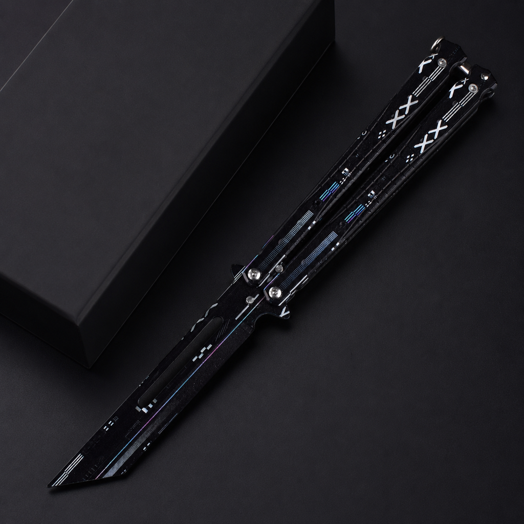 Black Cyber Balisong Butterfly Knife, Futuristic Folding Knife Collectible, XXX Graphic Metal Design, Modern Display Gift