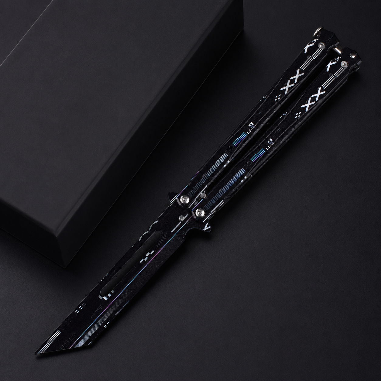 Black Cyber Balisong Butterfly Knife, Futuristic Folding Knife Collectible, XXX Graphic Metal Design, Modern Display Gift