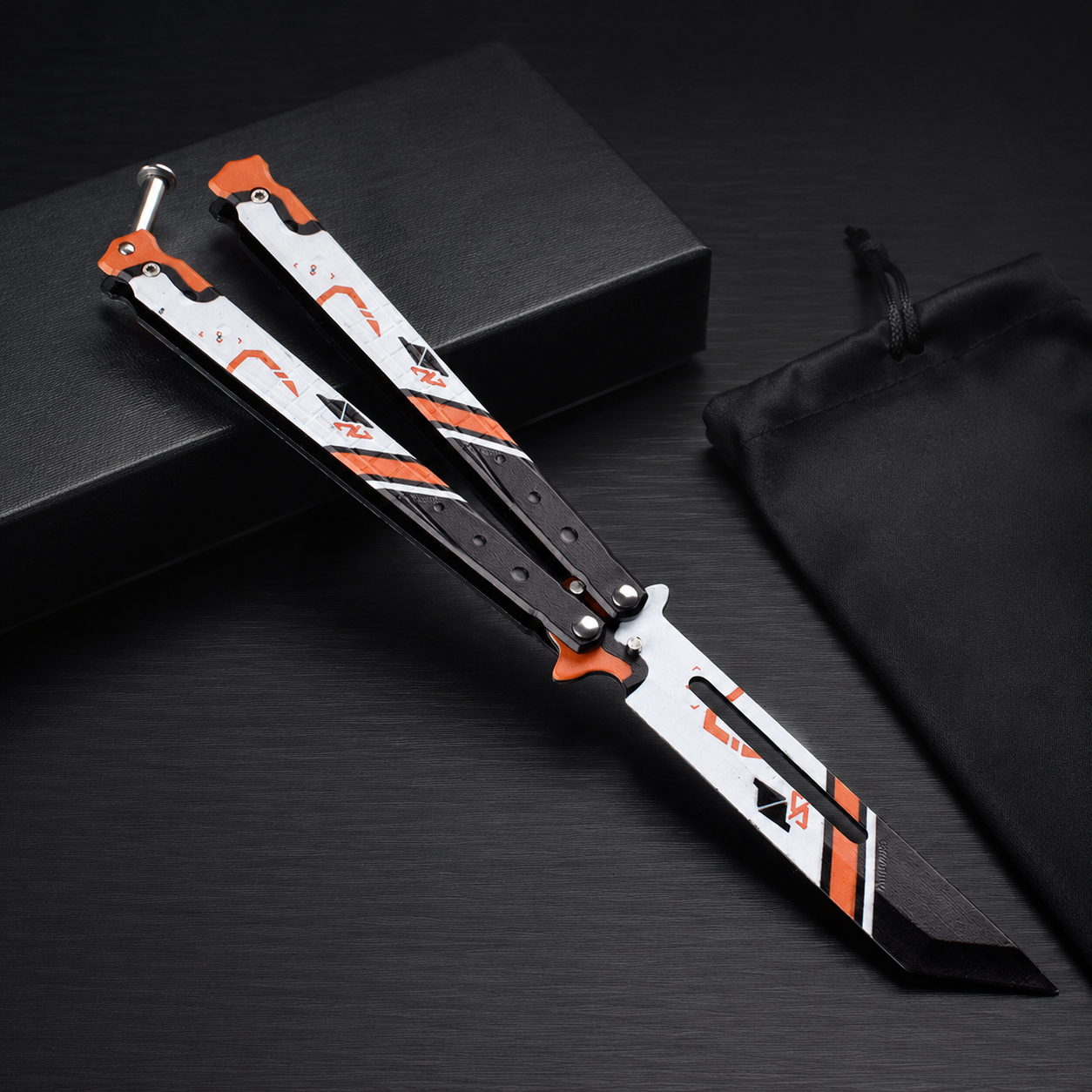 Modern Balisong Butterfly Knife, Black Orange Collectible Folding Design, Artistic EDC Style Display Piece, Unique Gift for Knife Enthusiasts