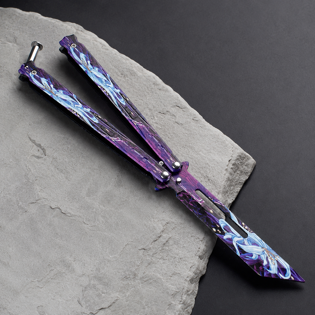 Purple Butterfly Knife Inspired Folding Collectible, Artistic Metal Design, Unique Pocket Display Piece, Modern EDC Style Gift
