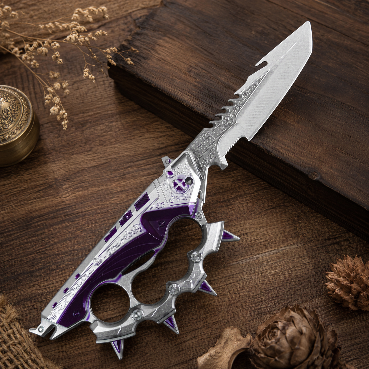 Purple & Silver Fantasy Folding Knife with Ornate Blade and Knuckle-Guard Handle – Gothic Collector Gift