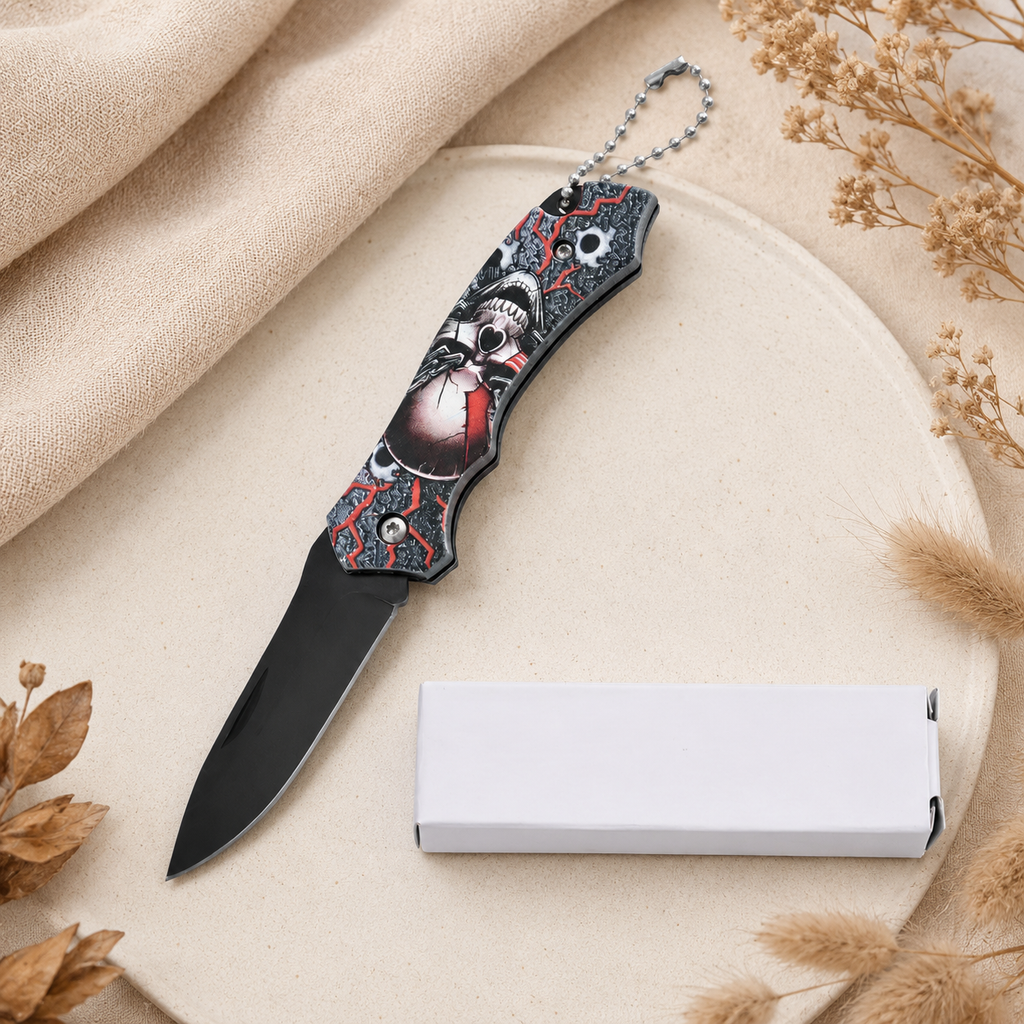 Gothic Skull Graphic Folding Pocket Knife with Black Blade & Keychain – EDC Collector Gift