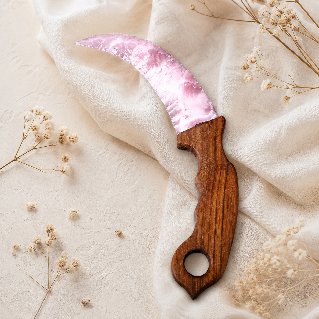 Pink Crescent Crystal Dagger with Wooden Handle, Moon-Shaped Fantasy Display Ornament, Mystical Altar Decor and Collector Gift
