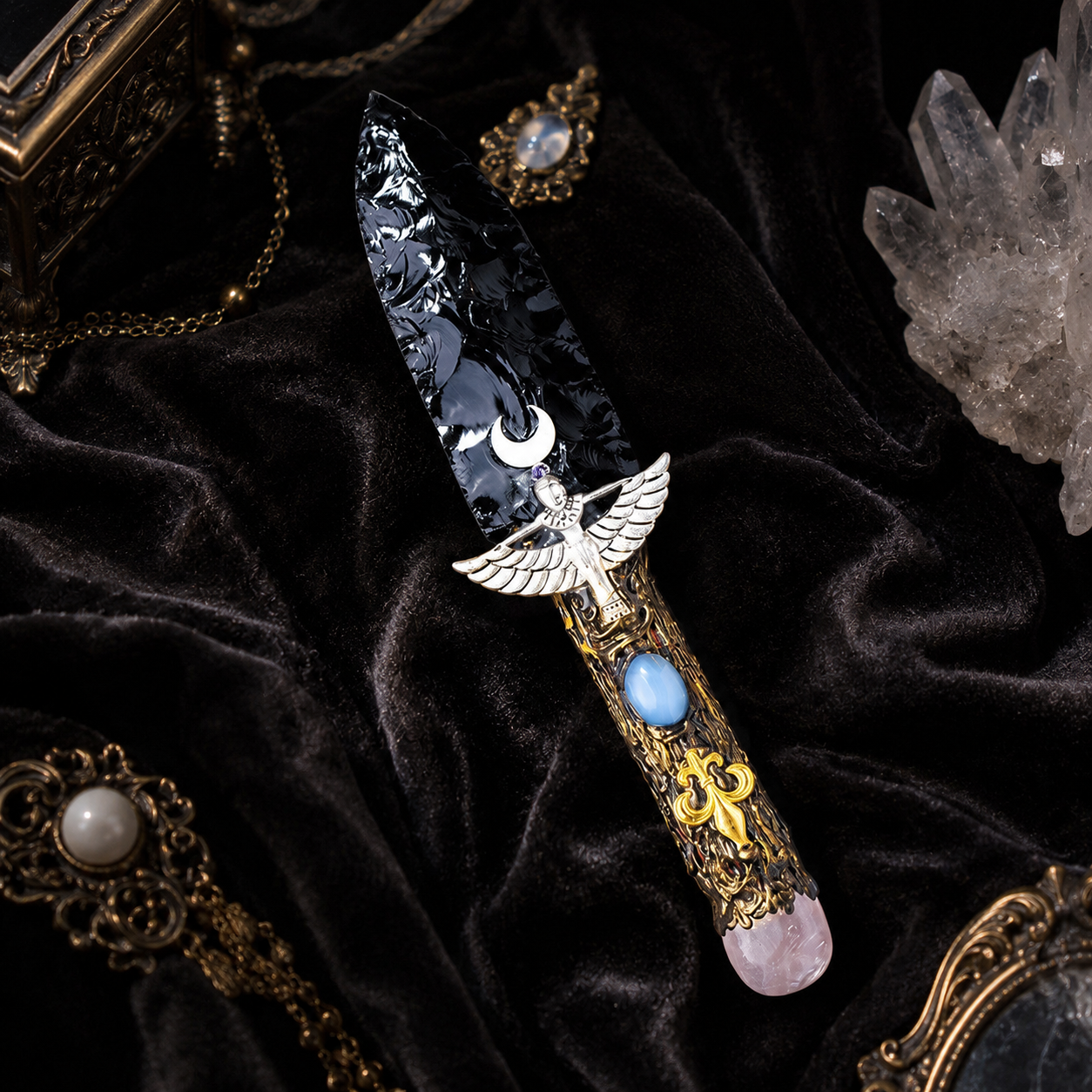 Black Obsidian Celestial Angel Dagger, Ornate Moon Crystal Display Sword, Gothic Altar Decor and Mystical Fantasy Collector Gift