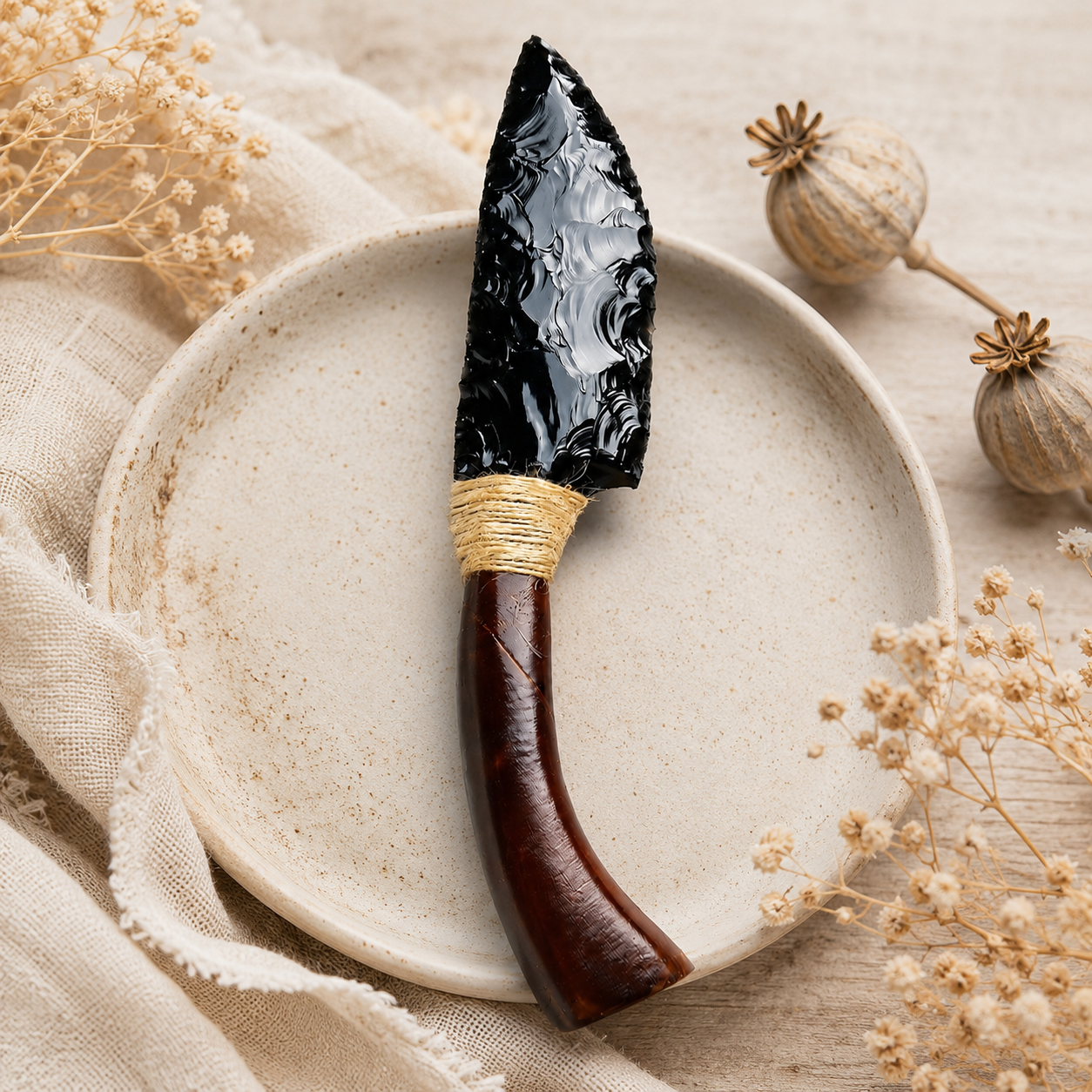 Natural Black Obsidian Dragon Glass Curved Blade Carving, Horn Handle Crystal Display Ornament, Rustic Gothic Collector Gift