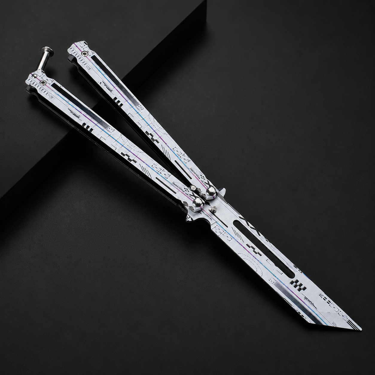 Futuristic Silver Balisong Knife, Premium Butterfly Knife Design, Modern EDC Collectible Folding Knife with Cyber Style Finish