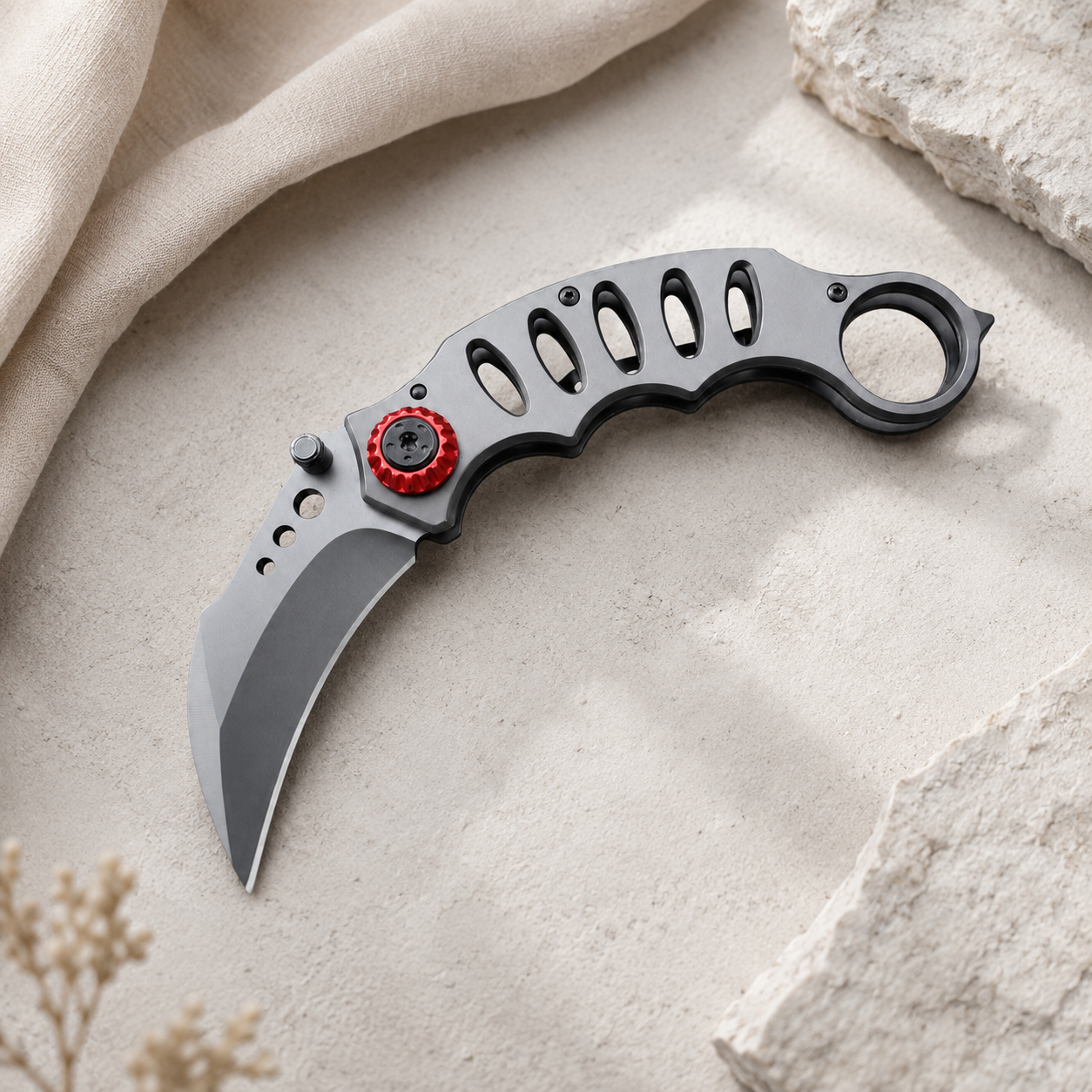 Gray Skeletonized Karambit-Style Folding Pocket Knife with Red Pivot Accent, Curved Blade and Finger Ring – Collector Gift