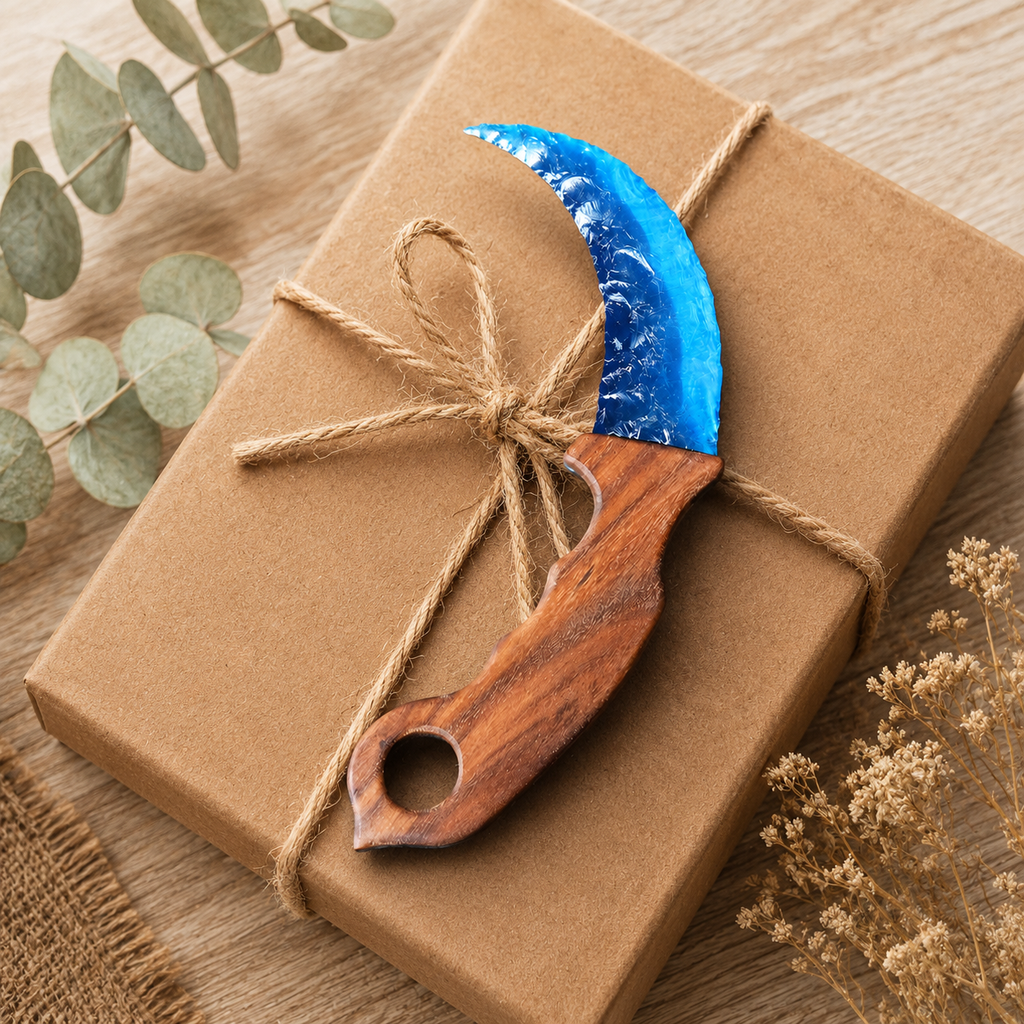 Blue Crescent Crystal Dagger with Wooden Handle, Moon-Shaped Fantasy Display Ornament, Gothic Altar Decor and Collector Gift