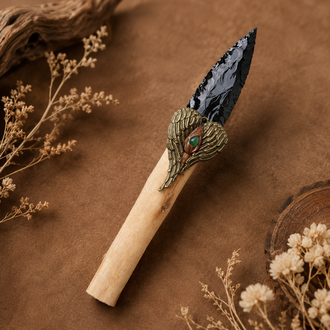 Large Black Obsidian Arrowhead Carving with Wooden Handle, Antique Alloy Wing Ornament, Rustic Crystal Display and Collector Gift