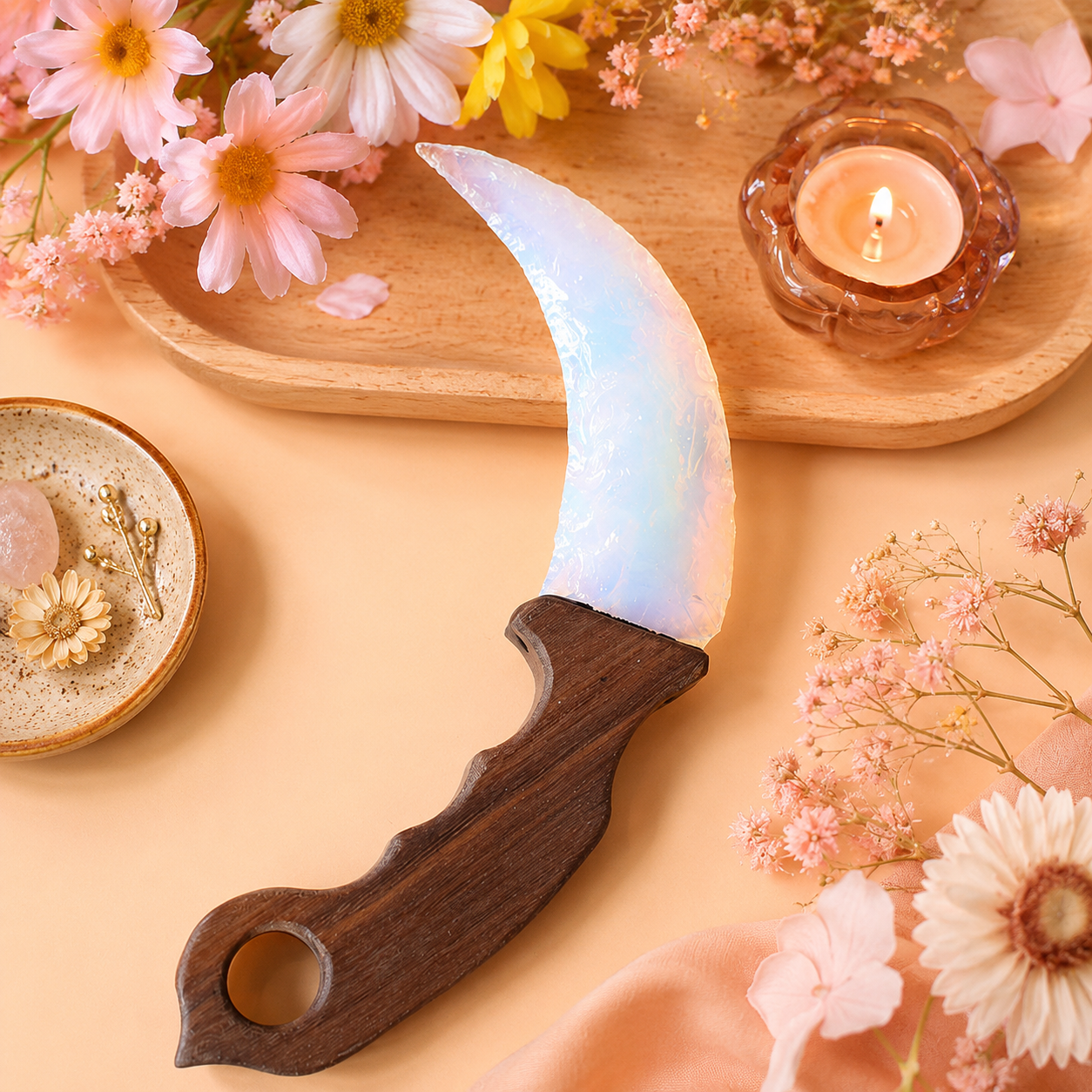 White Opalite Crescent Dagger with Wooden Handle, Moon-Shaped Fantasy Crystal Display, Celestial Altar Decor and Collector Gift