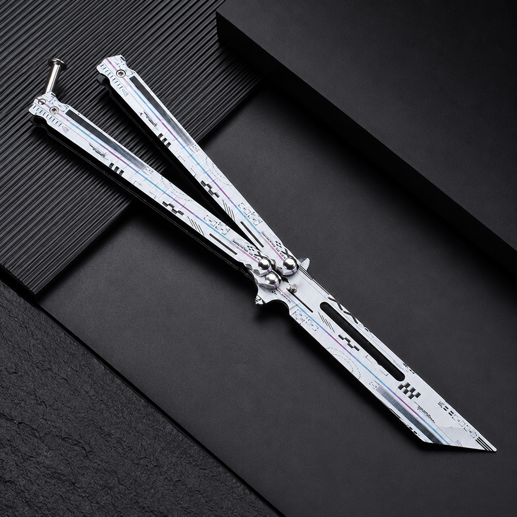 Futuristic Silver Balisong Knife, Premium Butterfly Knife Design, Modern EDC Collectible Folding Knife with Cyber Style Finish