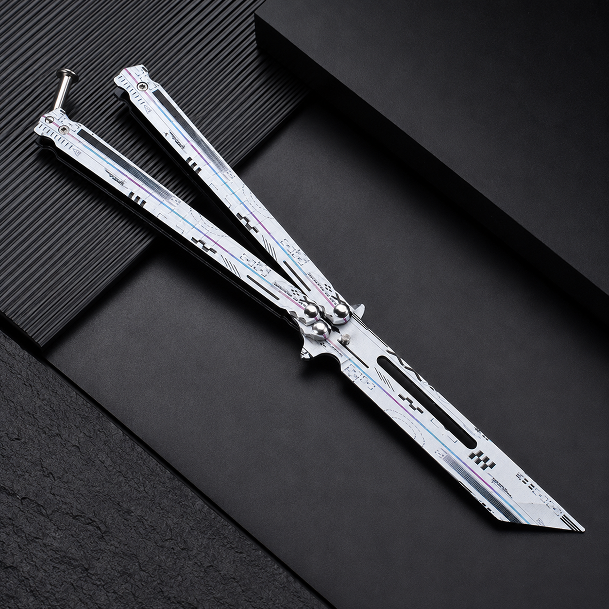 Futuristic Silver Balisong Knife, Premium Butterfly Knife Design, Modern EDC Collectible Folding Knife with Cyber Style Finish