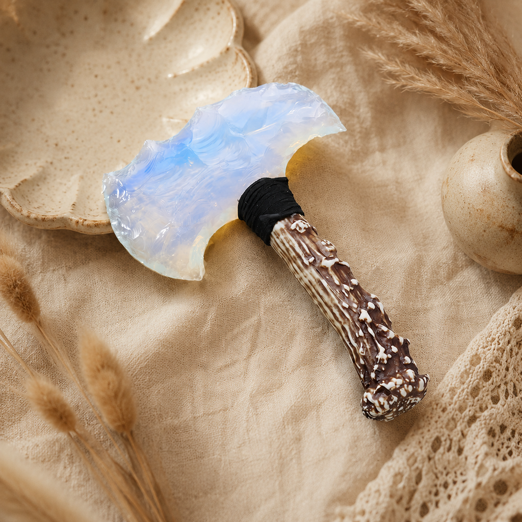 Opalite Double Crescent Axe with Antler-Style Handle, Iridescent Crystal Display Ornament, Rustic Fantasy Decor and Collector Gift