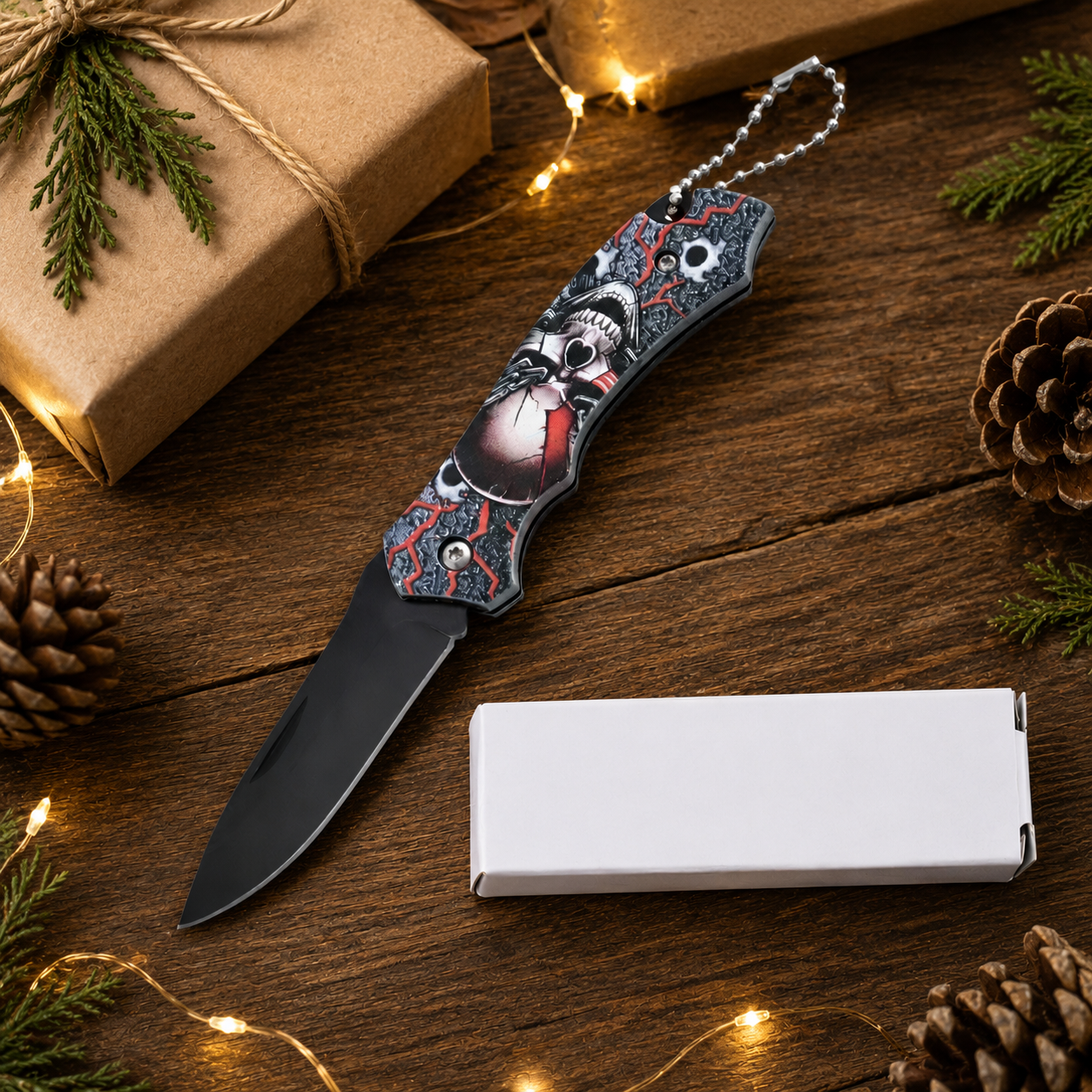 Gothic Skull Graphic Folding Pocket Knife with Black Blade & Keychain – EDC Collector Gift
