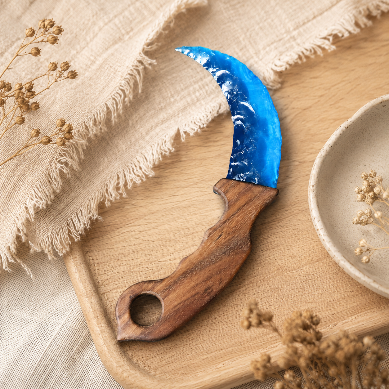 Blue Crescent Crystal Dagger with Wooden Handle, Moon-Shaped Fantasy Display Ornament, Gothic Altar Decor and Collector Gift