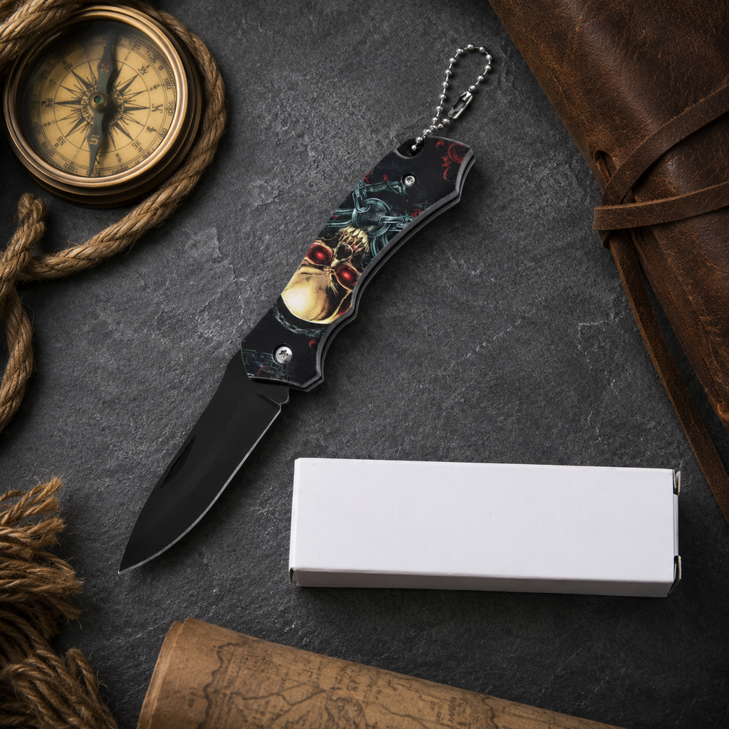 Steampunk Skull Graphic Folding Pocket Knife with Black Blade & Keychain – Gothic Collector Gift