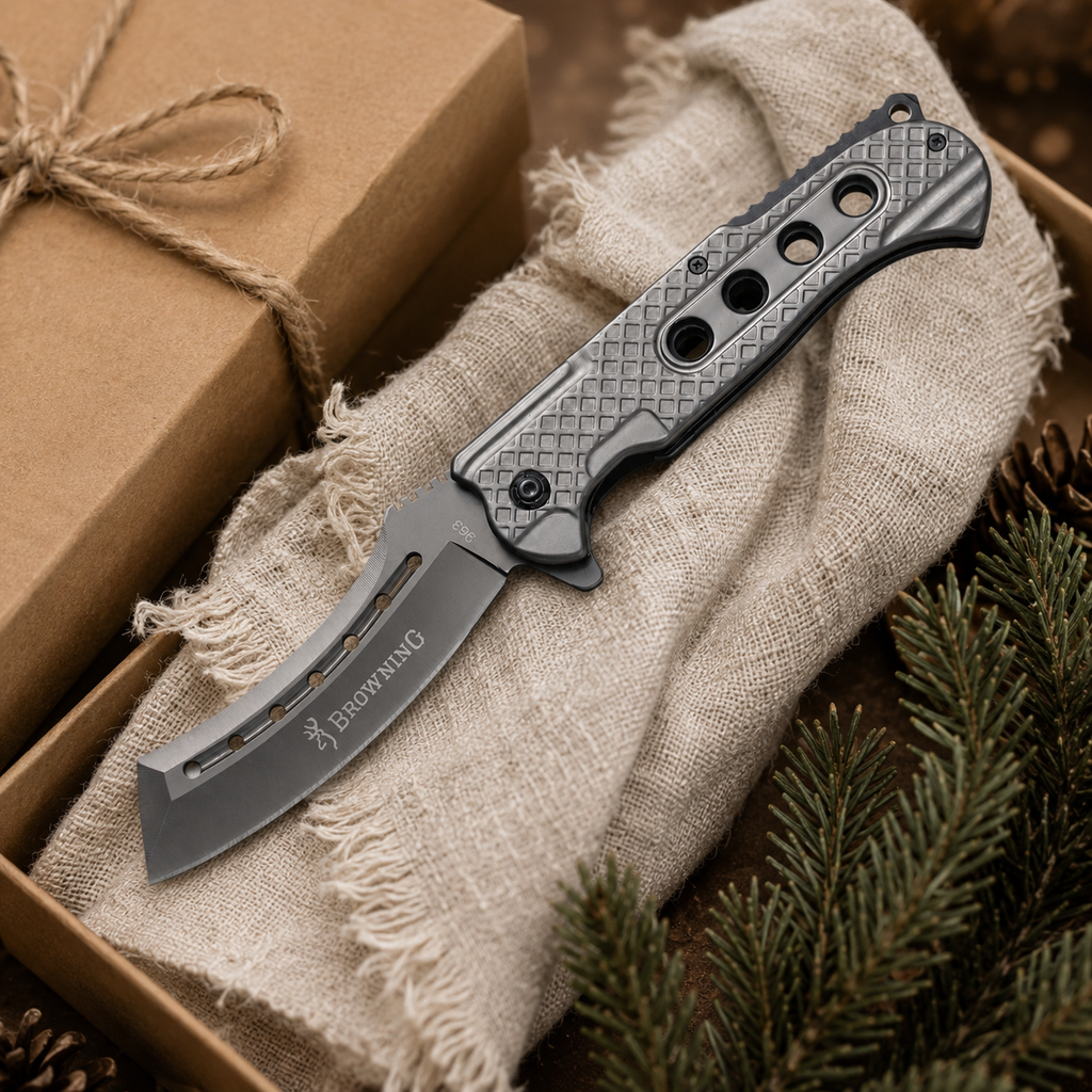 Silver Cleaver-Style Folding Pocket Knife with Textured Metal Handle and Ventilated Blade – Outdoor Collector Gift