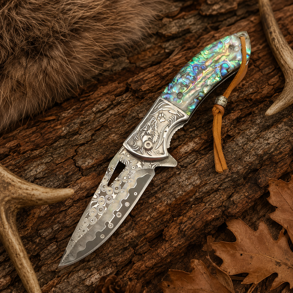 Wolf Engraved Damascus-Pattern Folding Knife with Iridescent Shell Handle & Leather Lanyard